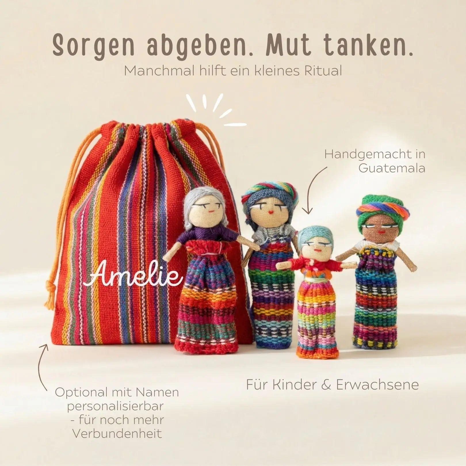 Sorgenbeutel groß mit 4 Püppchen personalisierbar - wunderwunsch