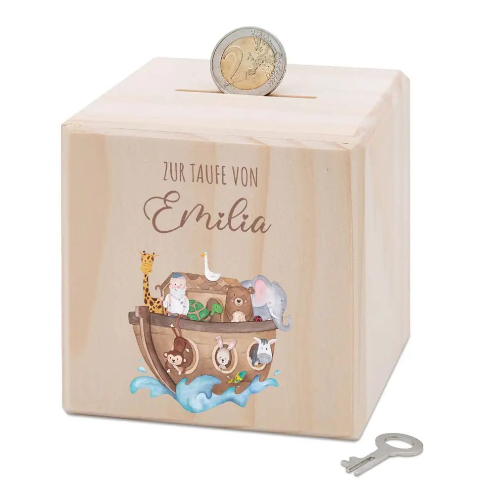 Spardose Holz personalisiert - Taufe Arche Noah Tiere Aquarell - wunderwunsch