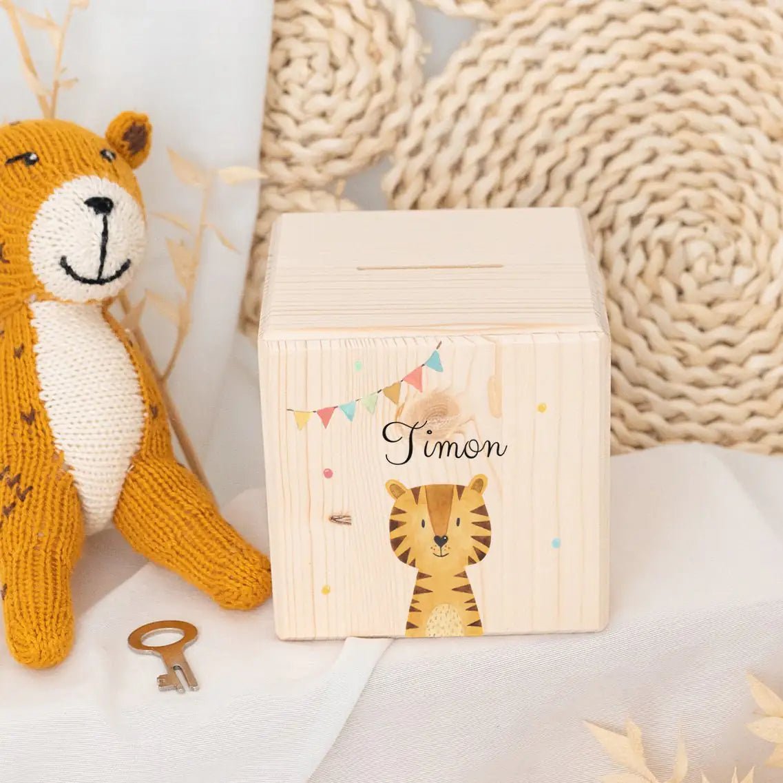 Spardose Holz personalisiert - Tier Girlande Aquarell - wunderwunsch