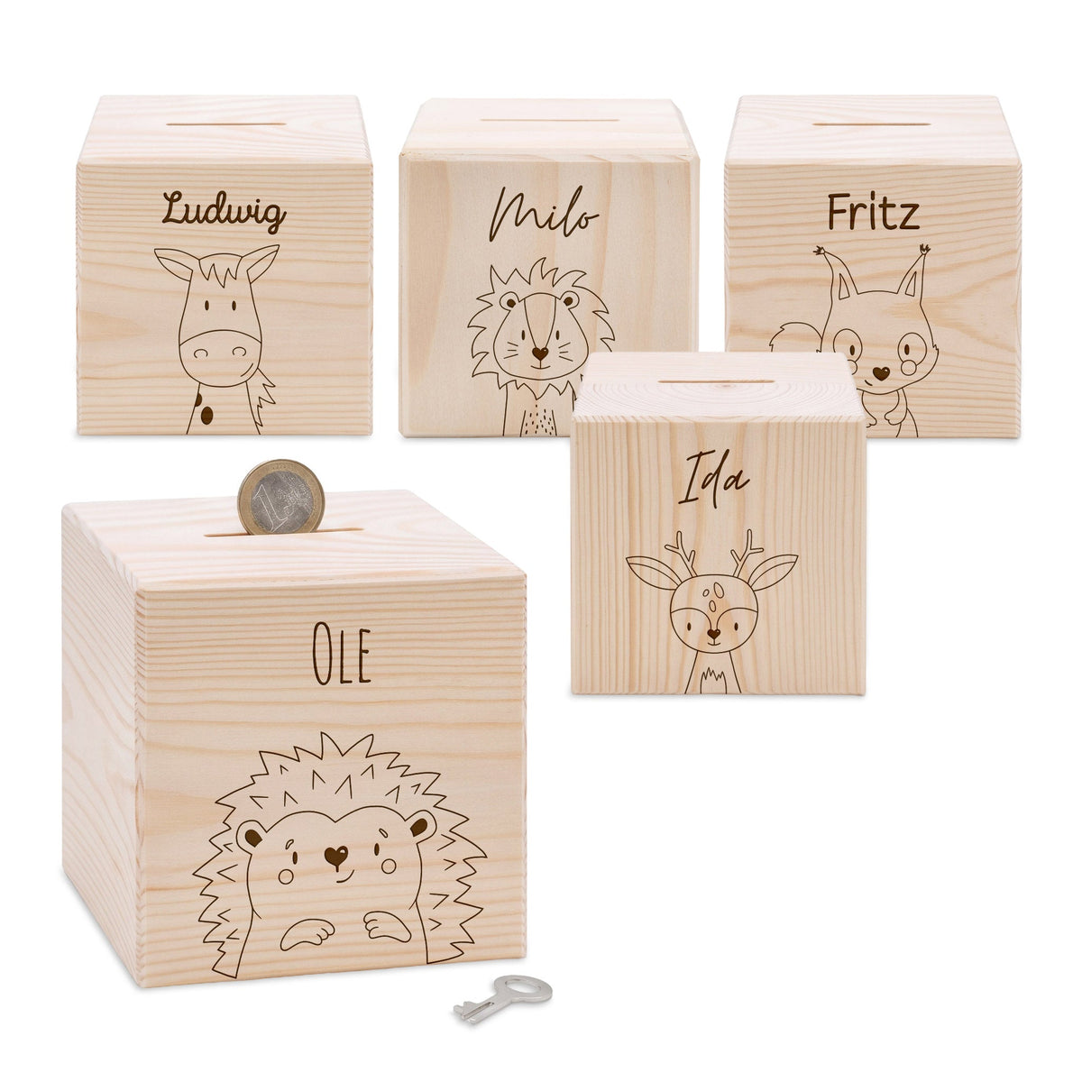 Spardose Holz personalisiert - Tier Gravur - wunderwunsch