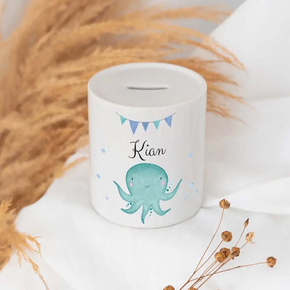 Spardose Keramik personalisiert - Meerestier Girlande Aquarell - wunderwunsch