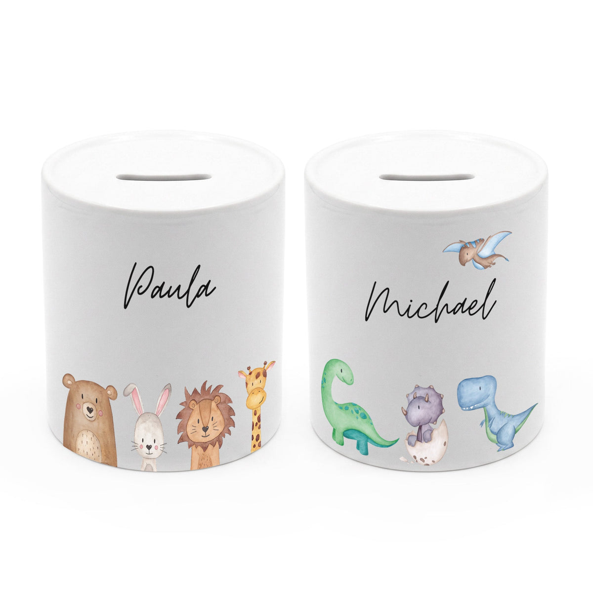 Spardose Keramik personalisiert - Tiere unten/ Dinos unten Aquarell - wunderwunsch