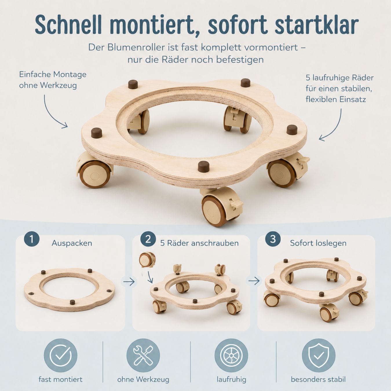 STAPELWELT Blumenroller aus Holz mit 5 Rollen - wunderwunsch