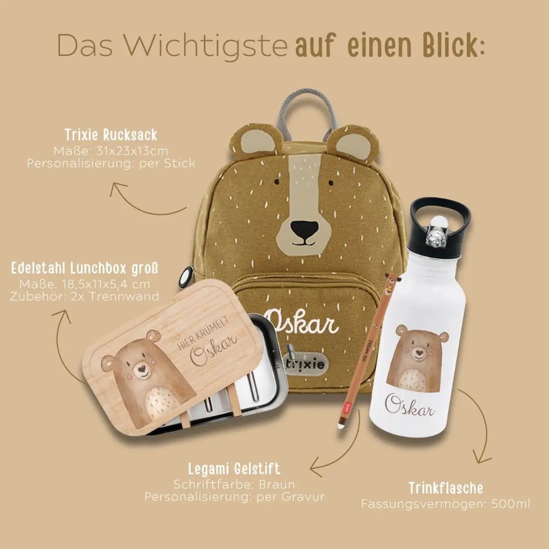 Starter - Geschenkset "Bär" personalisiert: Rucksack, Lunchbox, Flasche, Stift - wunderwunsch