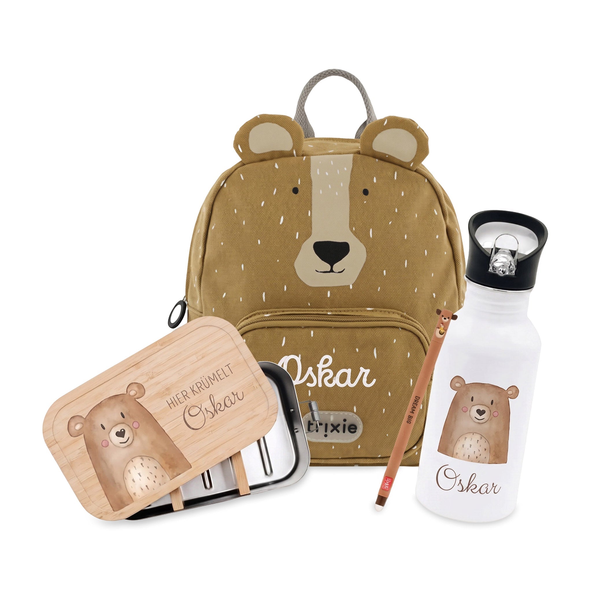 Starter-Geschenkset "Bär" personalisiert: Rucksack, Lunchbox, Flasche, Stift - wunderwunsch
