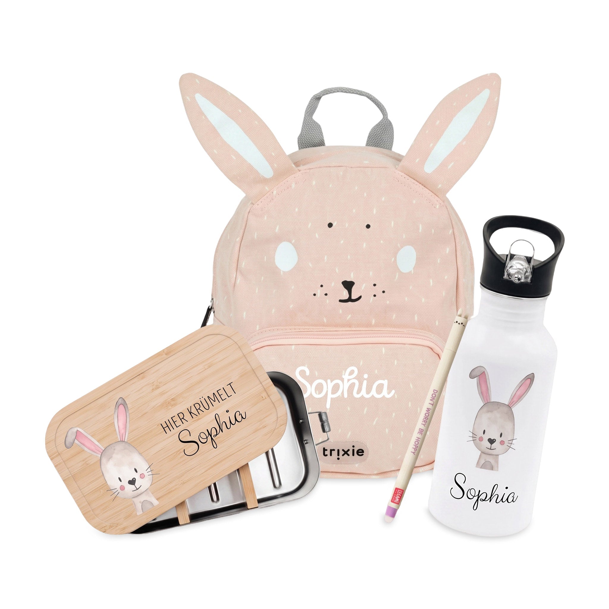 Starter-Geschenkset "Hase" personalisiert: Rucksack, Lunchbox, Flasche, Stift - wunderwunsch