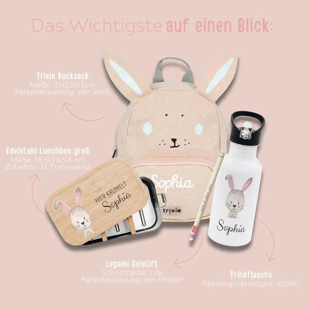 Starter - Geschenkset "Hase" personalisiert: Rucksack, Lunchbox, Flasche, Stift - wunderwunsch