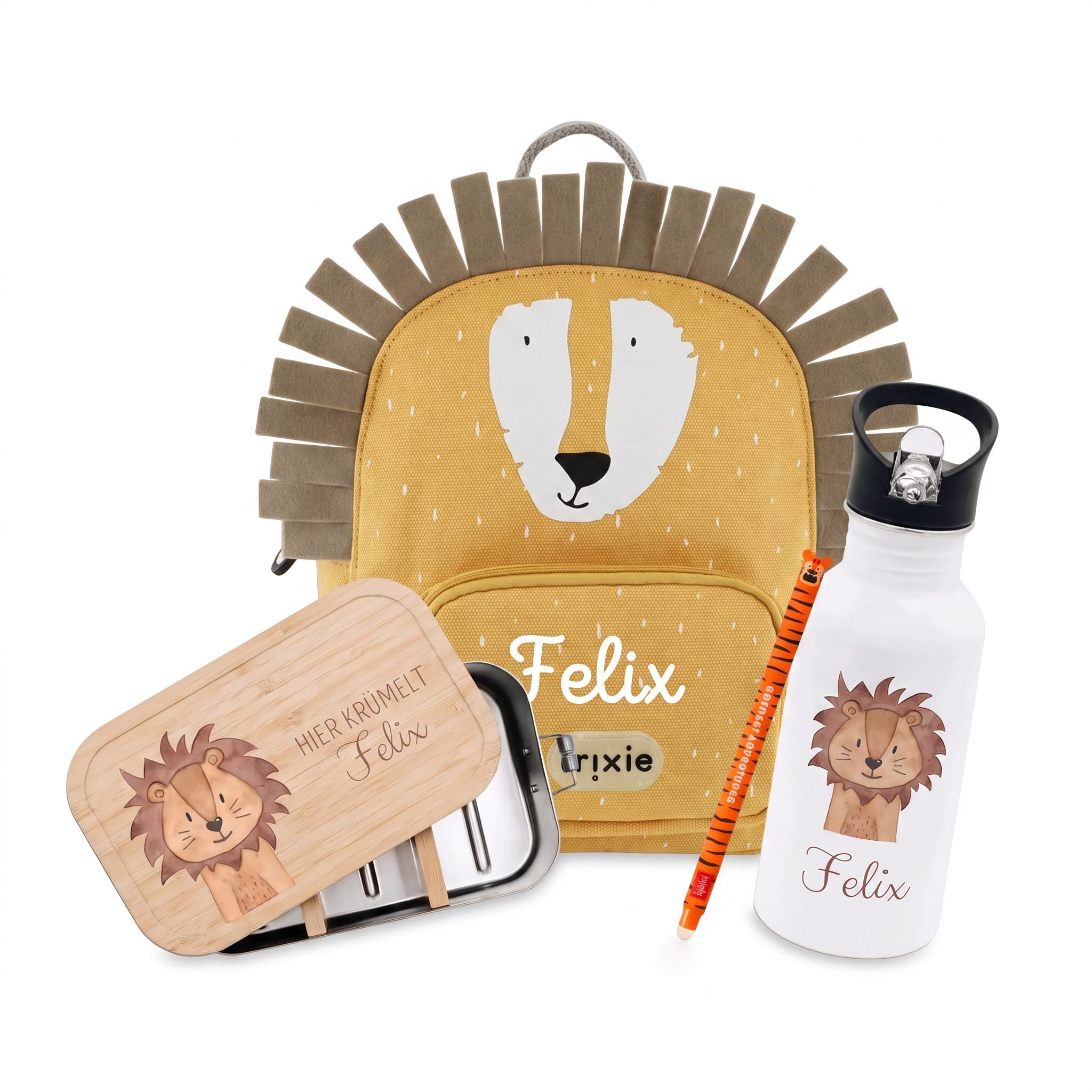 Starter-Geschenkset "Löwe" personalisiert: Rucksack, Lunchbox, Flasche, Stift - wunderwunsch