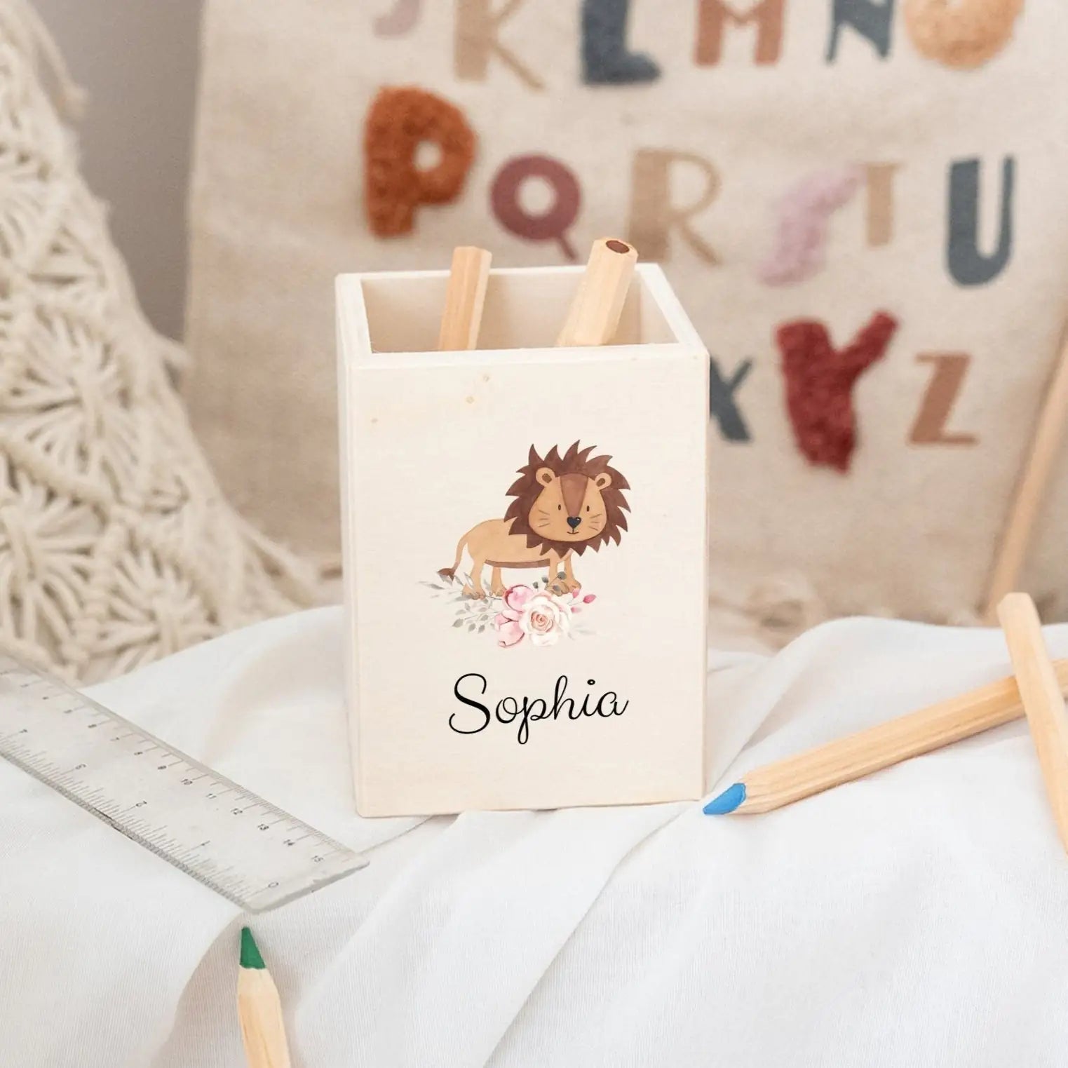 Stiftebecher Holz personalisiert - Blumen Tiere Aquarell - wunderwunsch