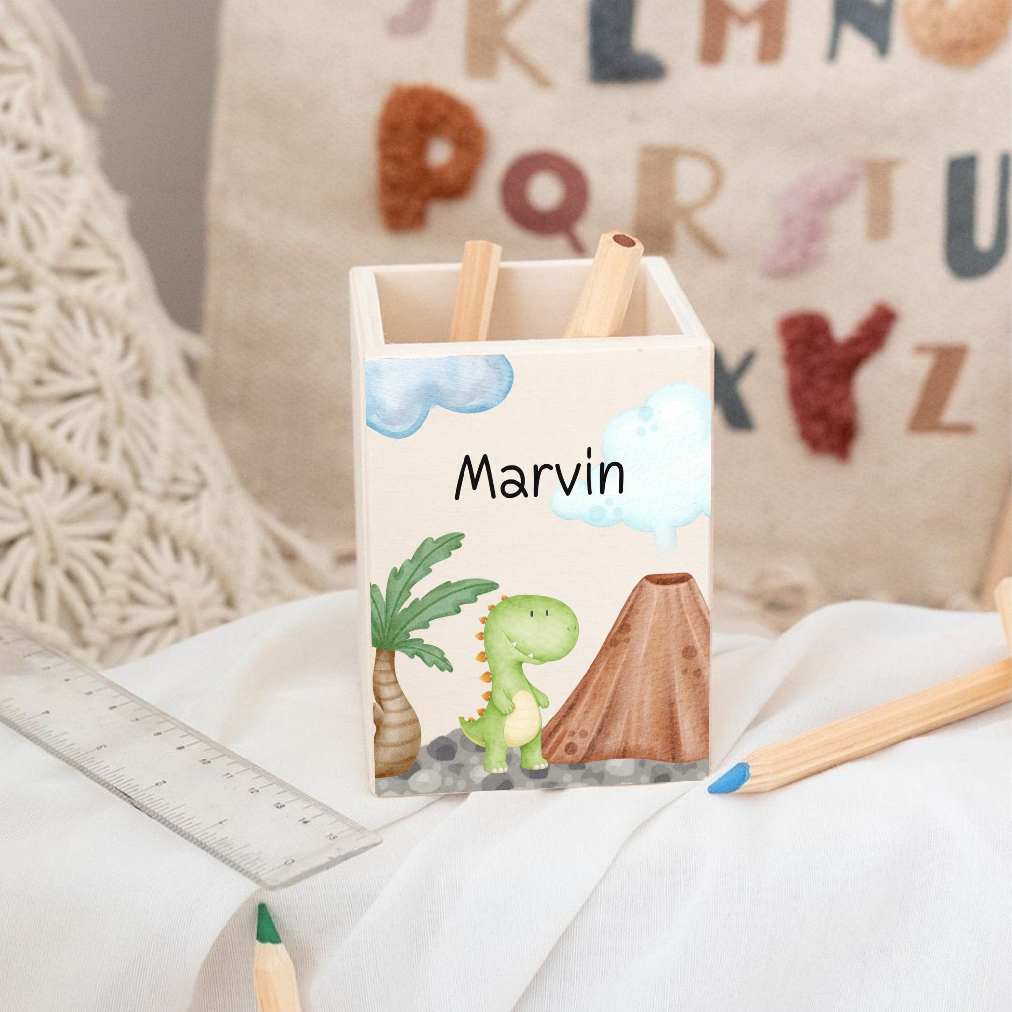 Stiftebecher Holz personalisiert - Ganzkörper Tier Aquarell - wunderwunsch
