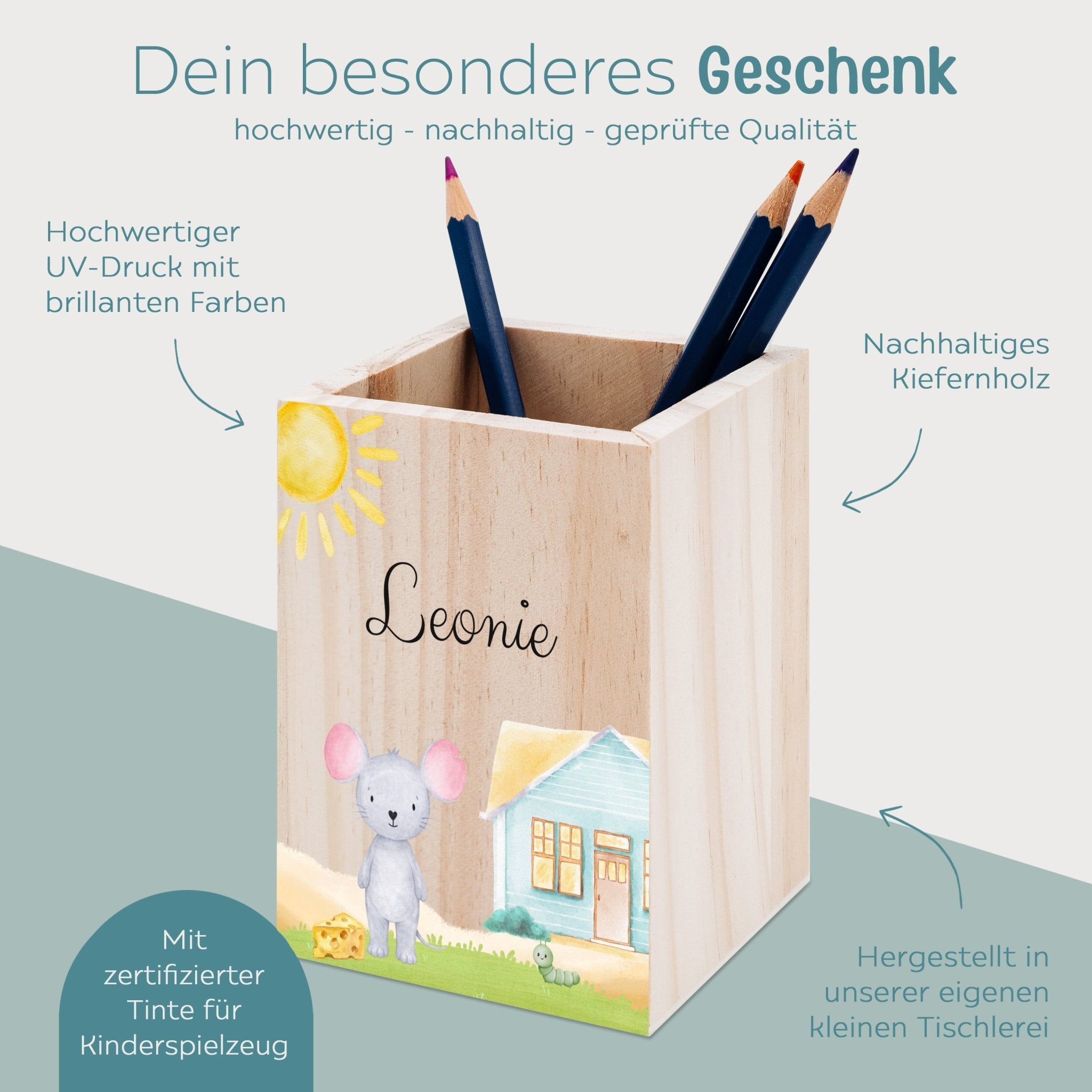 Stiftebecher Holz personalisiert - Ganzkörper Tier Aquarell - wunderwunsch