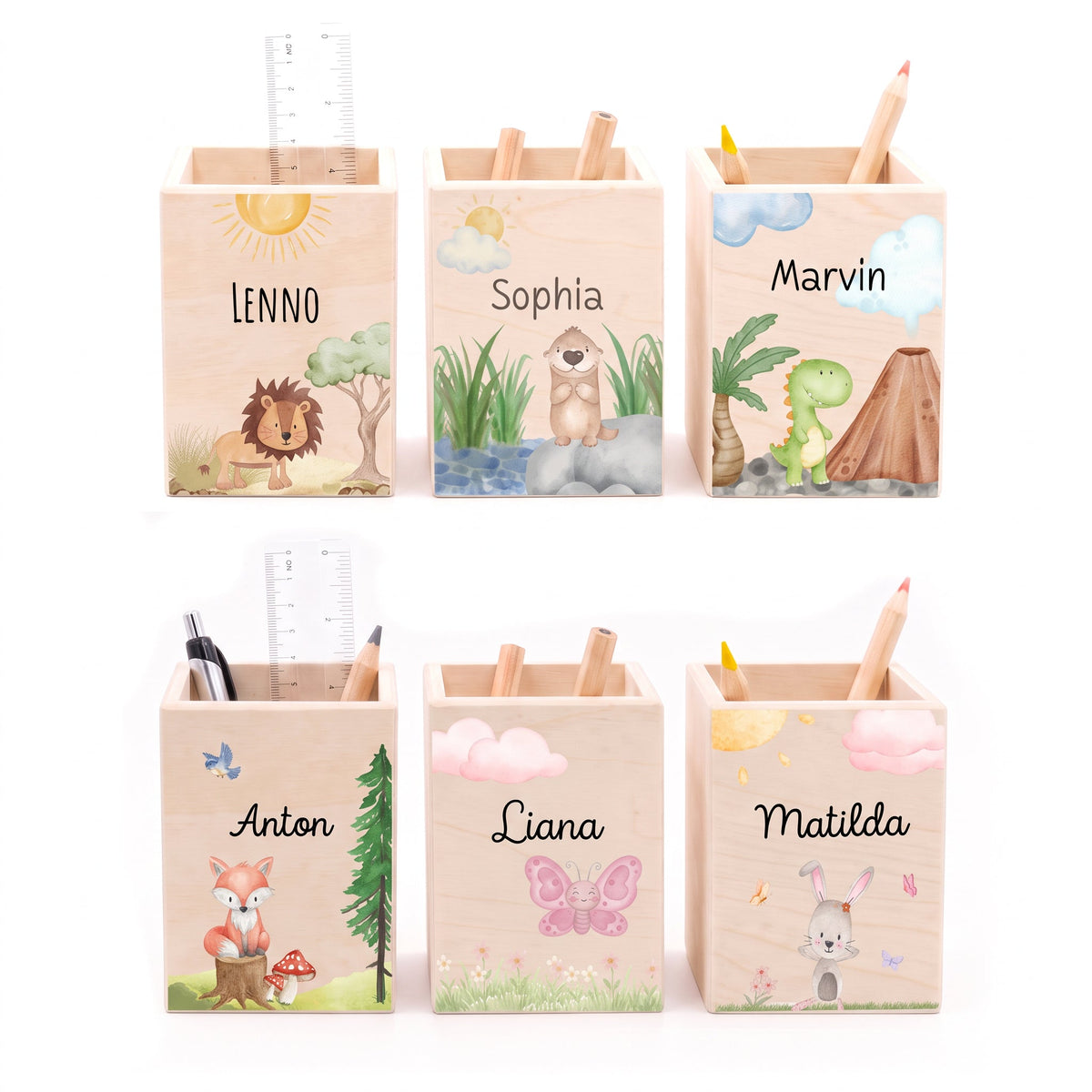 Stiftebecher Holz personalisiert - Ganzkörper Tier Aquarell - wunderwunsch