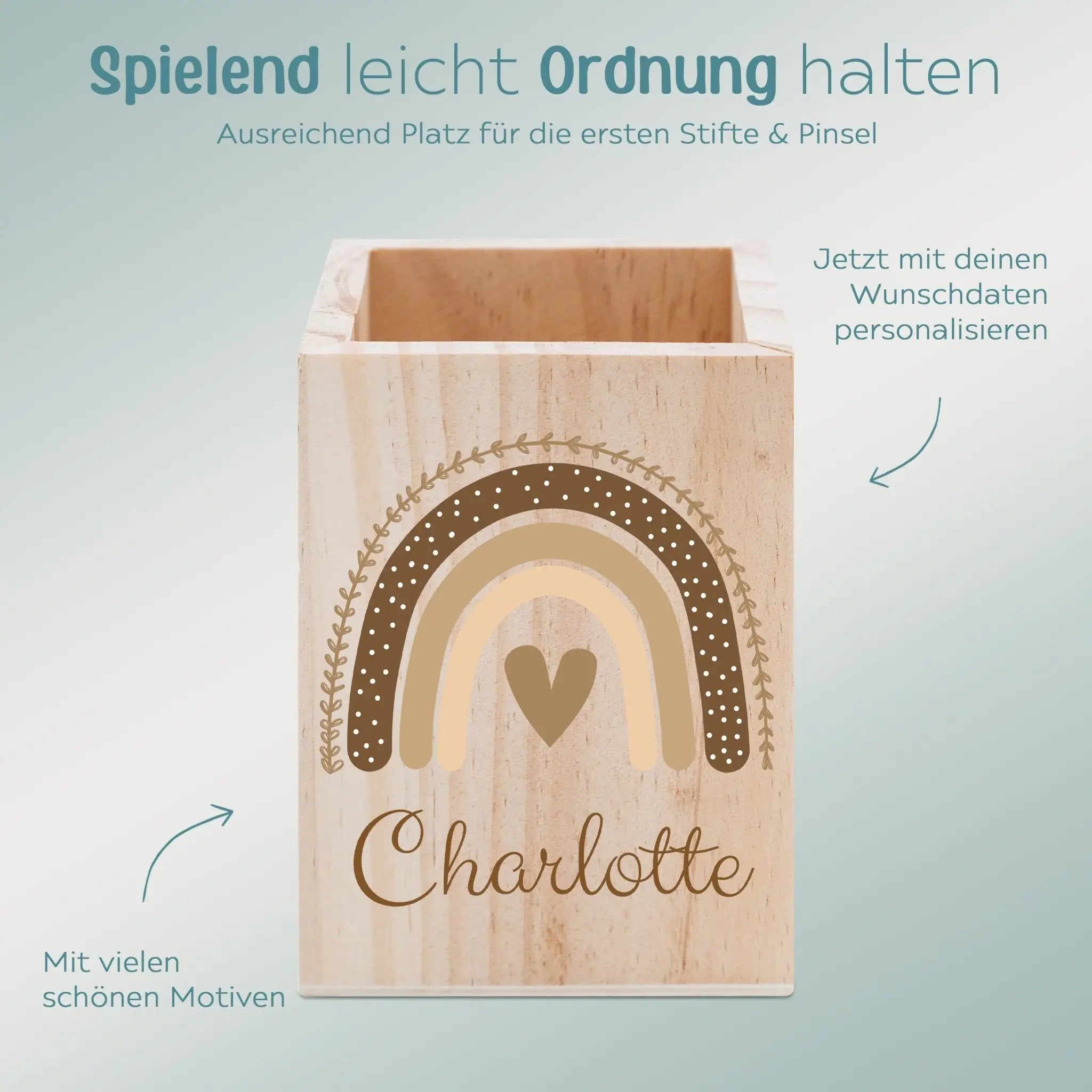 Stiftebecher Holz personalisiert - Regenbogen Boho beige Aquarell - wunderwunsch