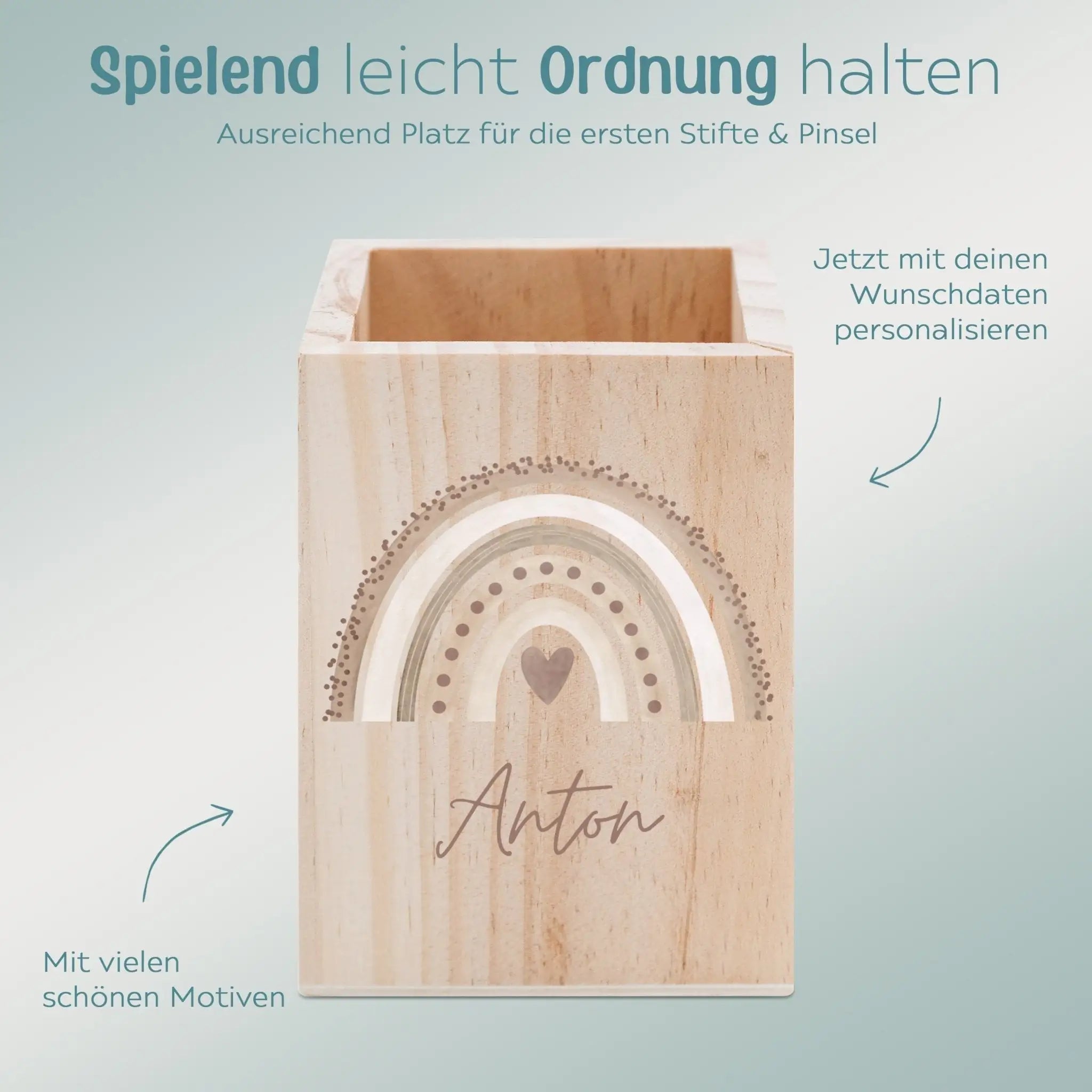 Stiftebecher Holz personalisiert - Regenbogen Punkte Aquarell - wunderwunsch