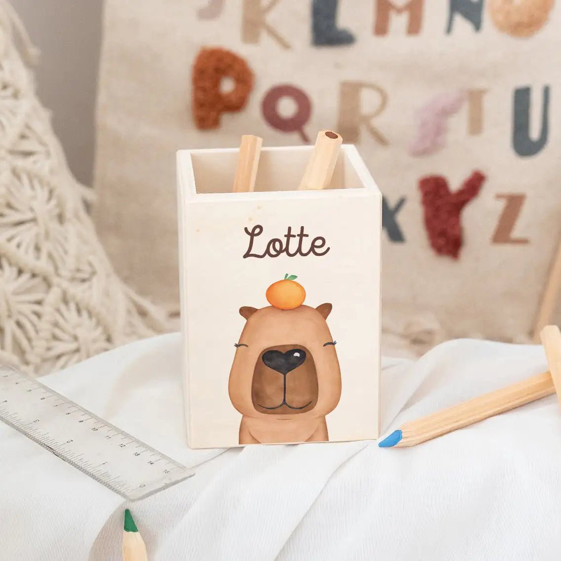Stiftebecher Holz personalisiert - Tier Aquarell - wunderwunsch