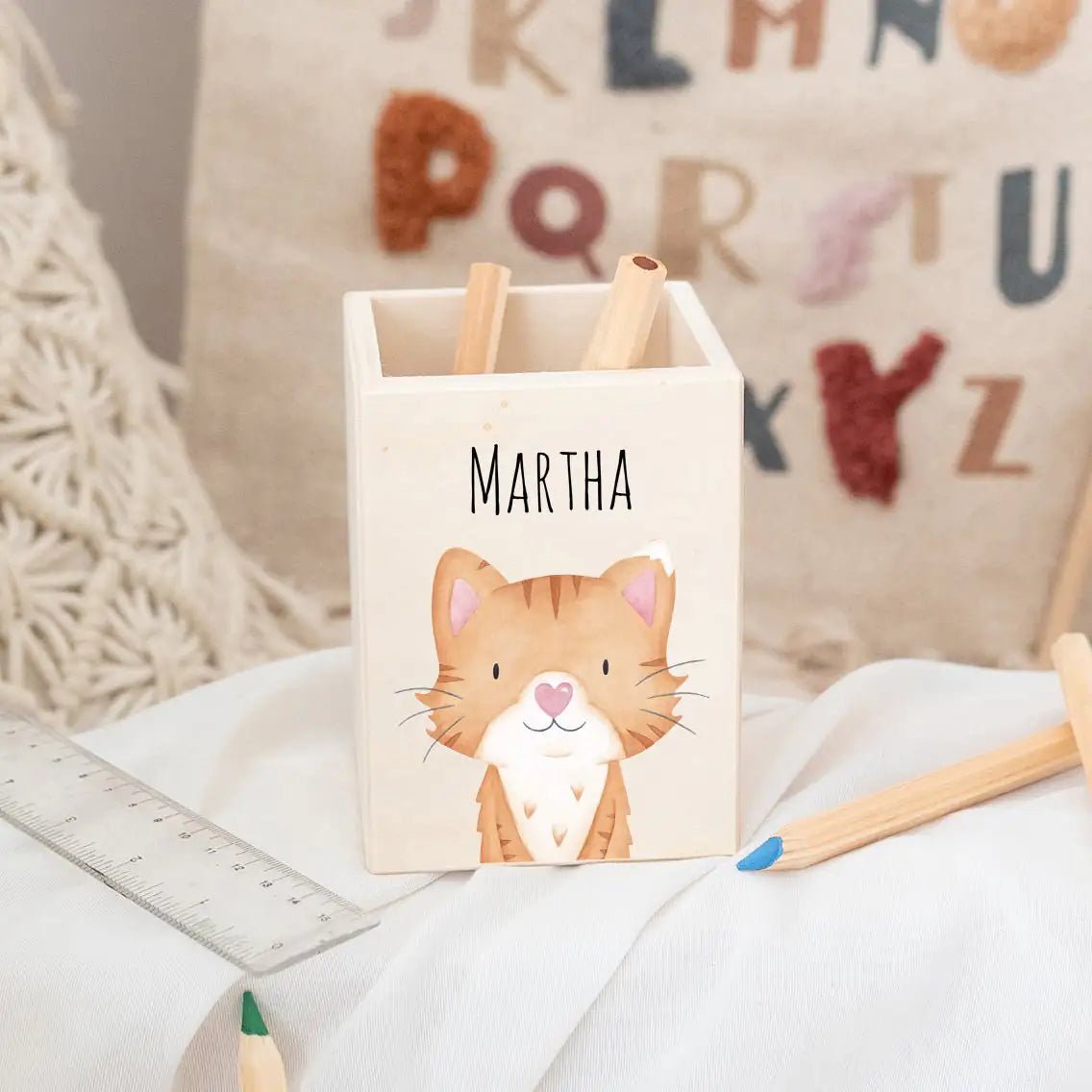 Stiftebecher Holz personalisiert - Tier Aquarell - wunderwunsch