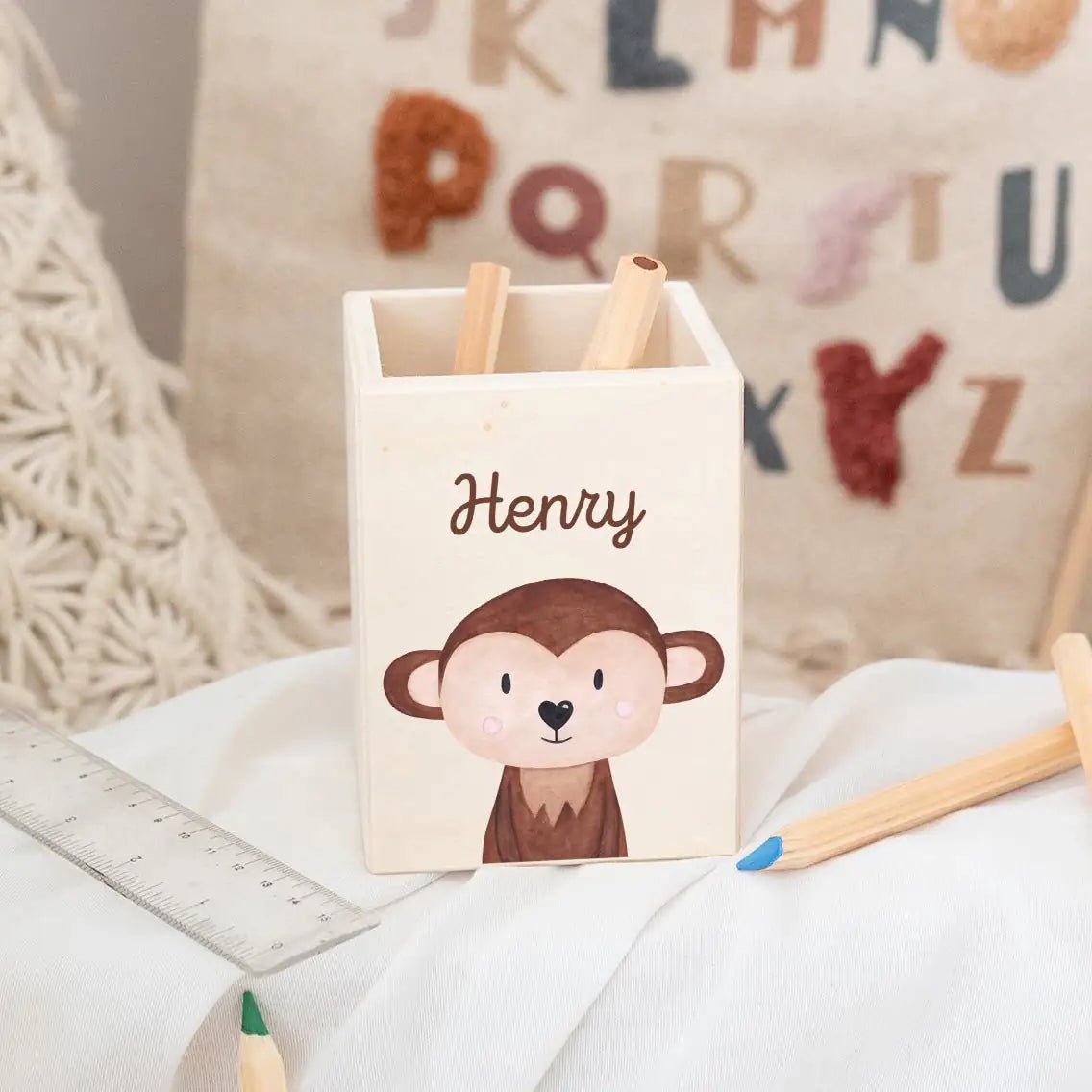 Stiftebecher Holz personalisiert - Tier Aquarell - wunderwunsch