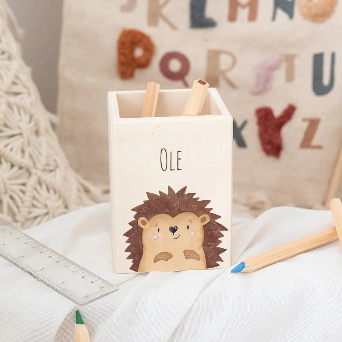 Stiftebecher Holz personalisiert - Tier Aquarell - wunderwunsch
