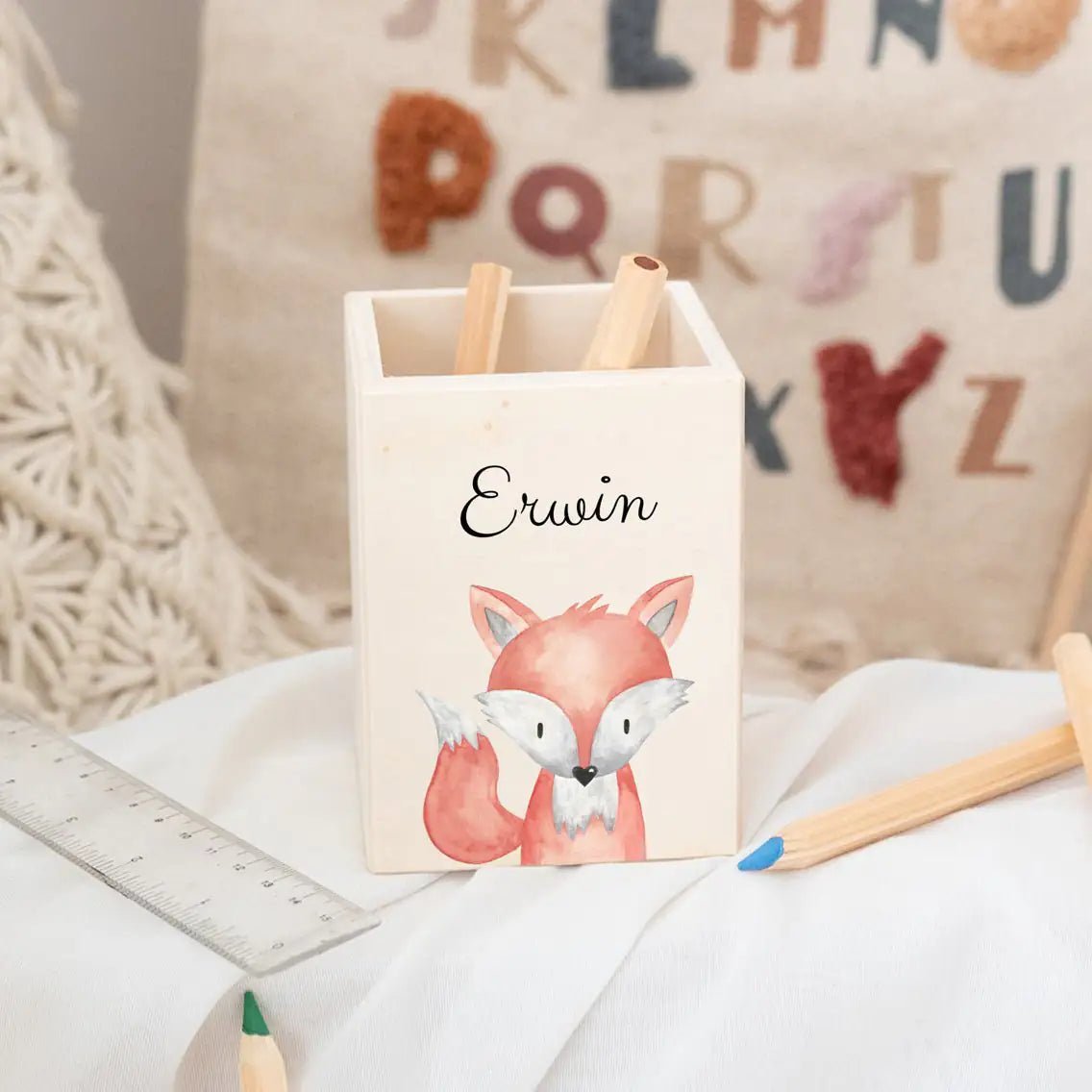 Stiftebecher Holz personalisiert - Tier Aquarell - wunderwunsch