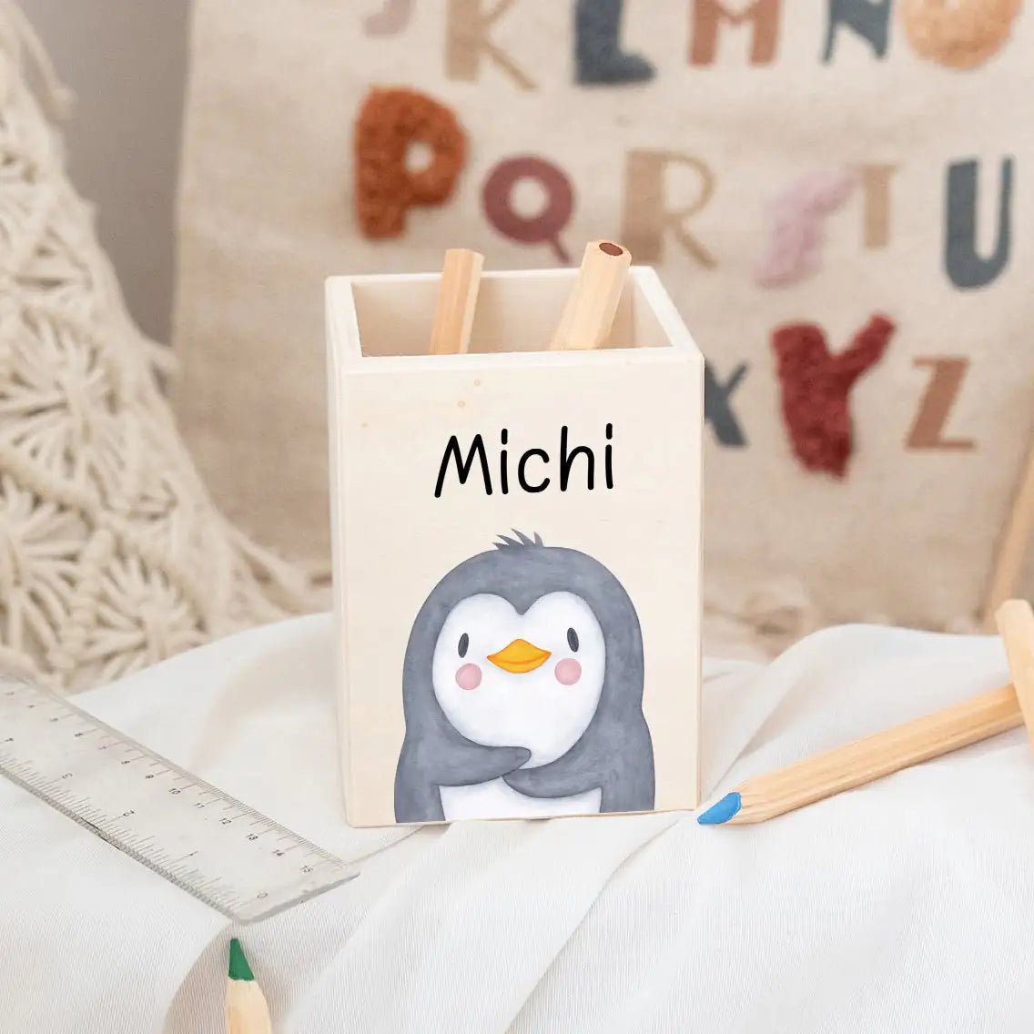 Stiftebecher Holz personalisiert - Tier Aquarell - wunderwunsch