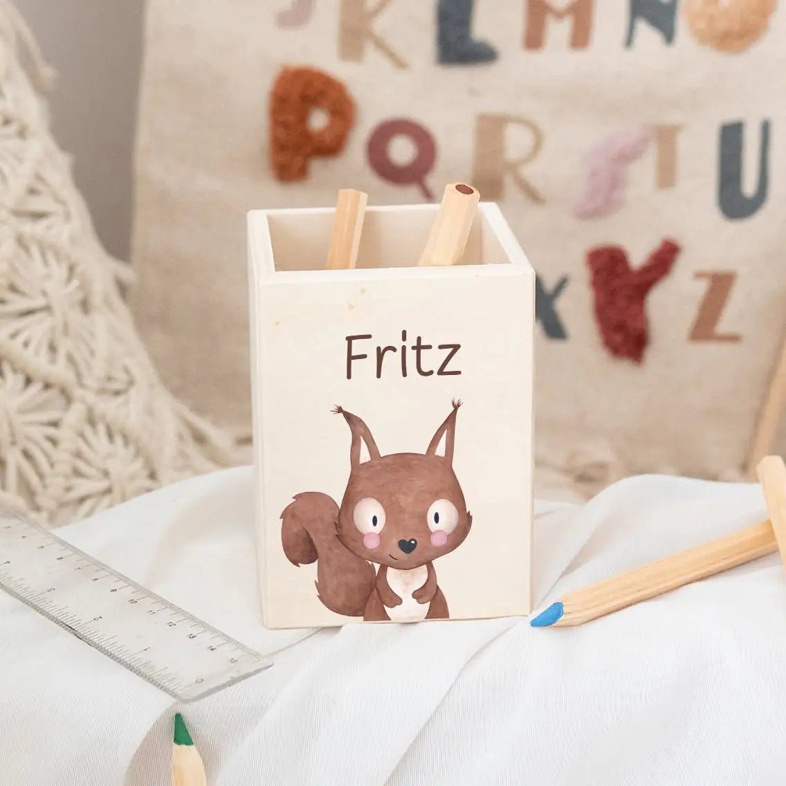 Stiftebecher Holz personalisiert - Tier Aquarell - wunderwunsch