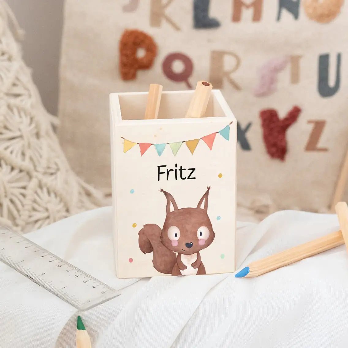 Stiftebecher Holz personalisiert - Tier Girlande Aquarell - wunderwunsch