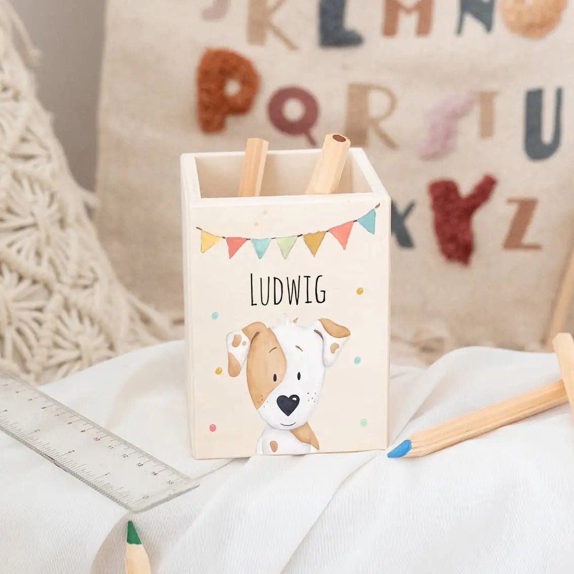 Stiftebecher Holz personalisiert - Tier Girlande Aquarell - wunderwunsch
