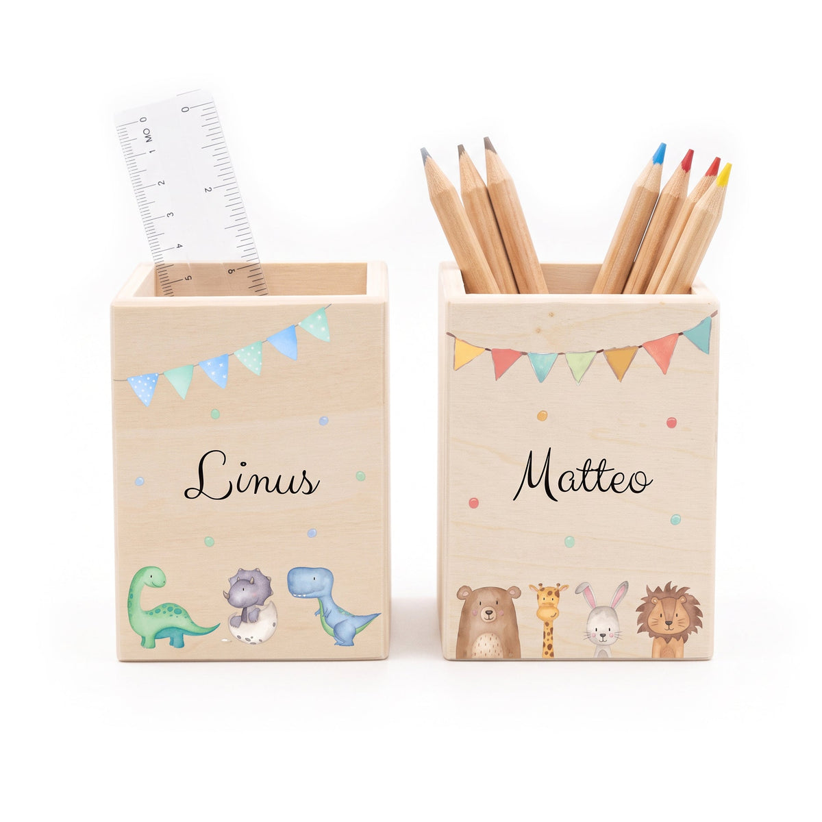 Stiftebecher Holz personalisiert - Tiere oder Dinos Girlande Aquarell - wunderwunsch