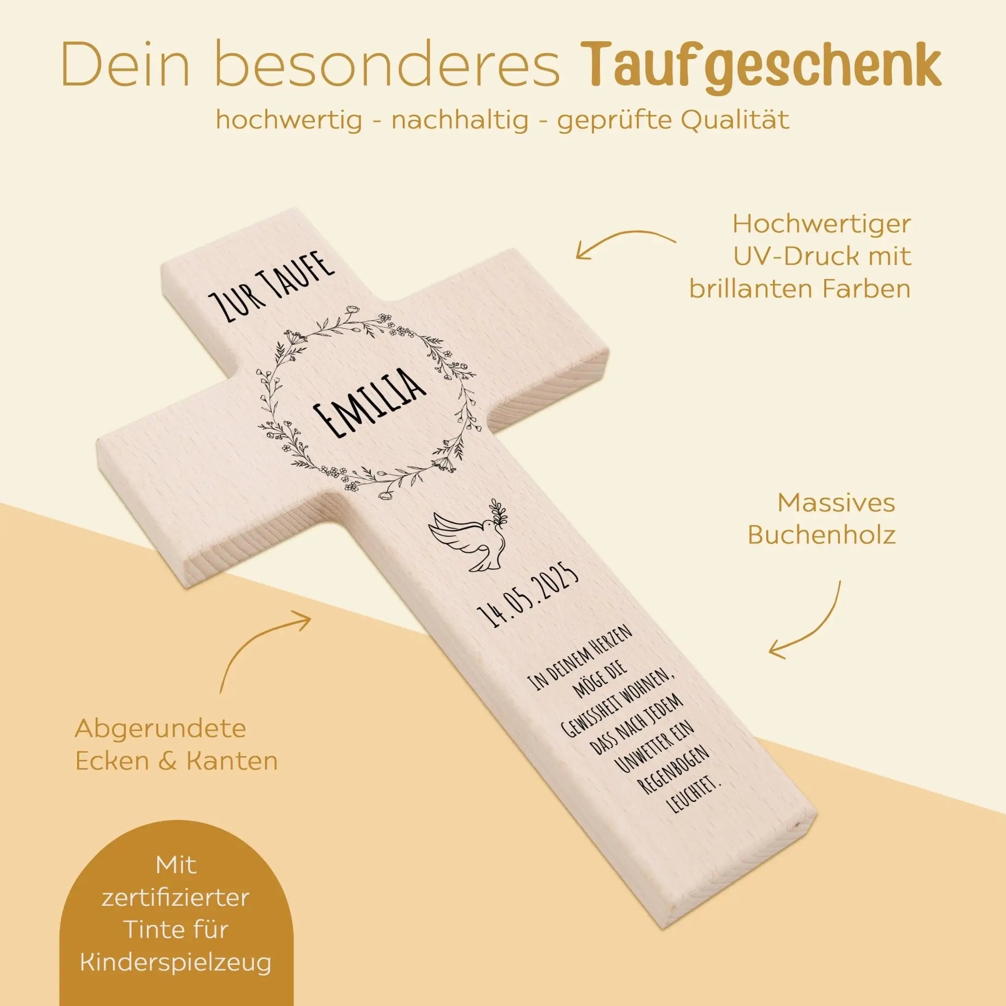 Taufkreuz aus Holz - Blumenkranz - wunderwunsch