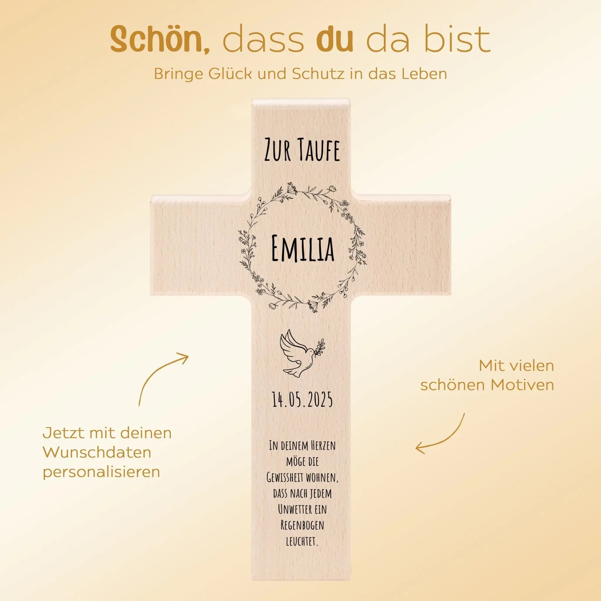 Taufkreuz aus Holz - Blumenkranz - wunderwunsch