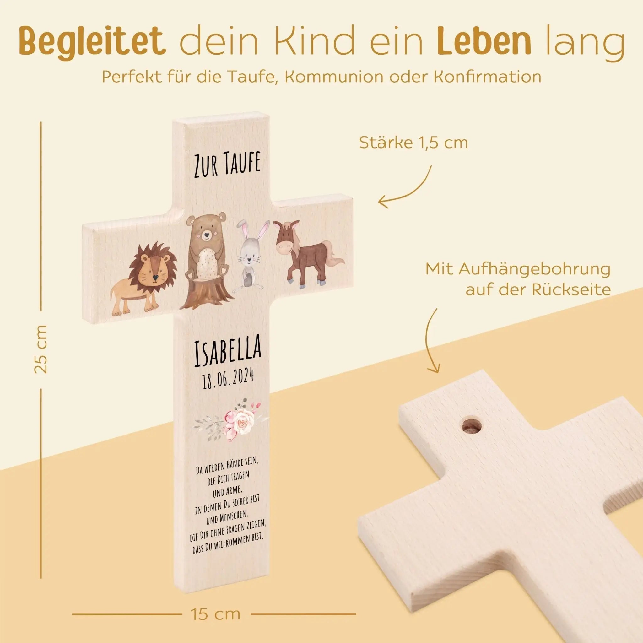 Taufkreuz aus Holz - Tiere Girlande oder Tiere Blumen Aquarell - wunderwunsch