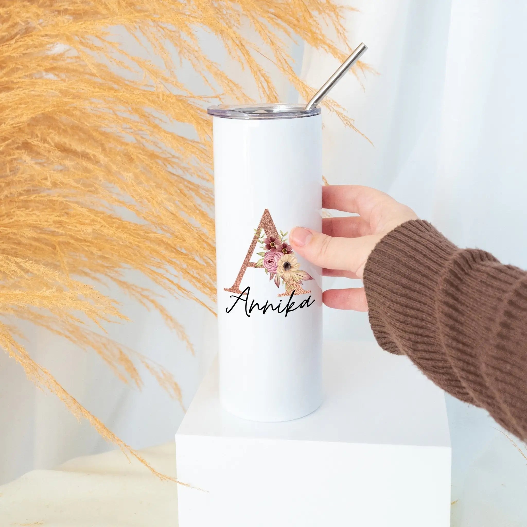 Trinkglas mit Strohhalm - Glitzer Buchstabe - wunderwunsch