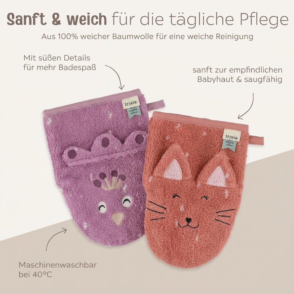 TRIXIE Baby Waschhandschuh 2er Set Katze & Pfau - wunderwunsch