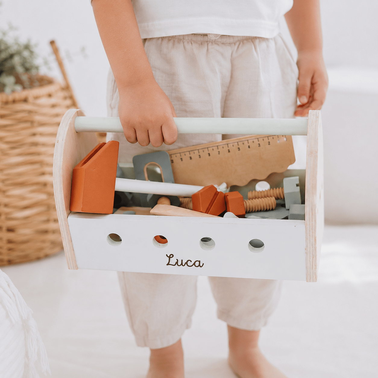 TRYCO Werkzeugkasten Holz mit Terrakotta personalisierbar - wunderwunsch