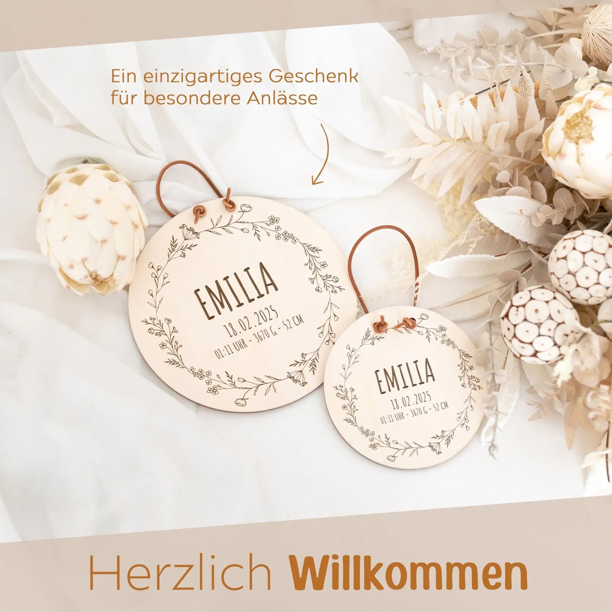 Türschild Kinderzimmer personalisiert - Geburtsdaten Blumenkranz - wunderwunsch
