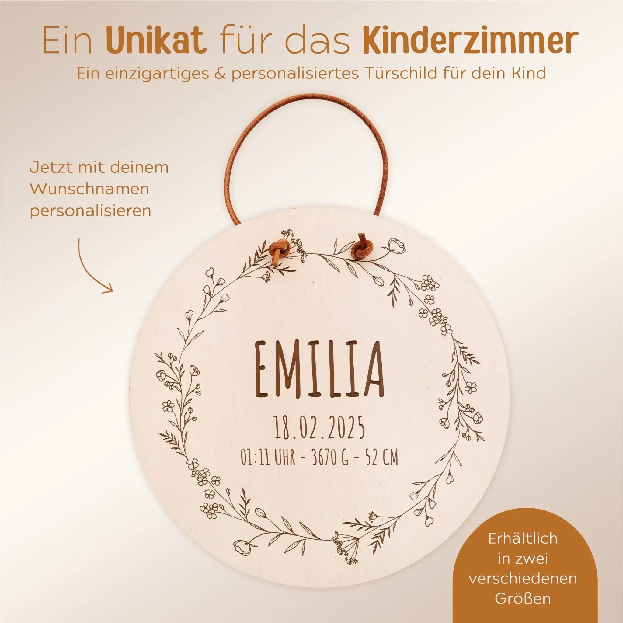Türschild Kinderzimmer personalisiert - Geburtsdaten Blumenkranz - wunderwunsch