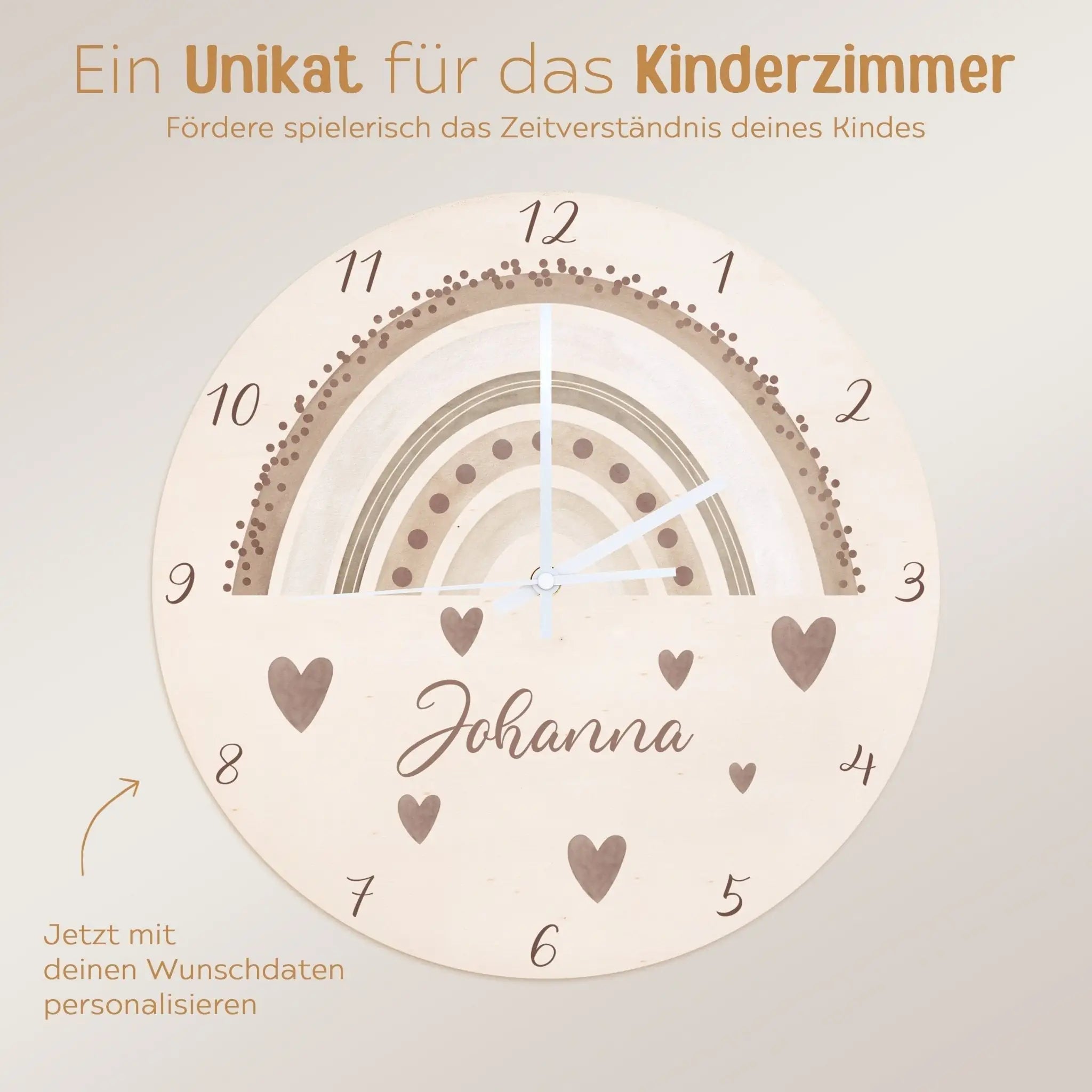 Wanduhr Kinder Holz personalisiert - Regenbogen Punkte Aquarell - wunderwunsch
