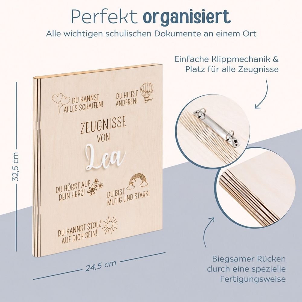 Zeugnismappe Holz personalisiert - Affirmationen Gravur - wunderwunsch