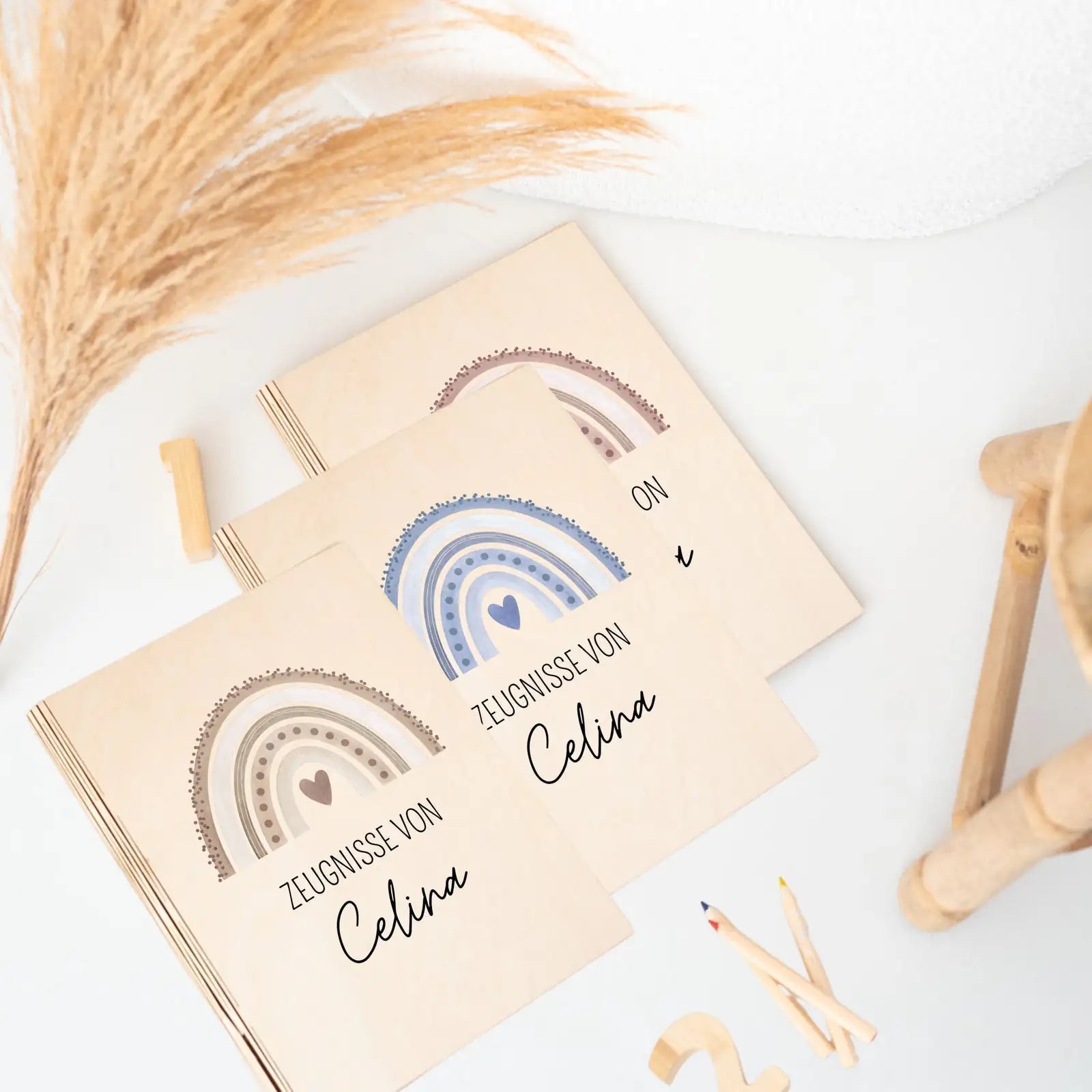 Zeugnismappe Holz personalisiert - Regenbogen Punkte Aquarell - wunderwunsch