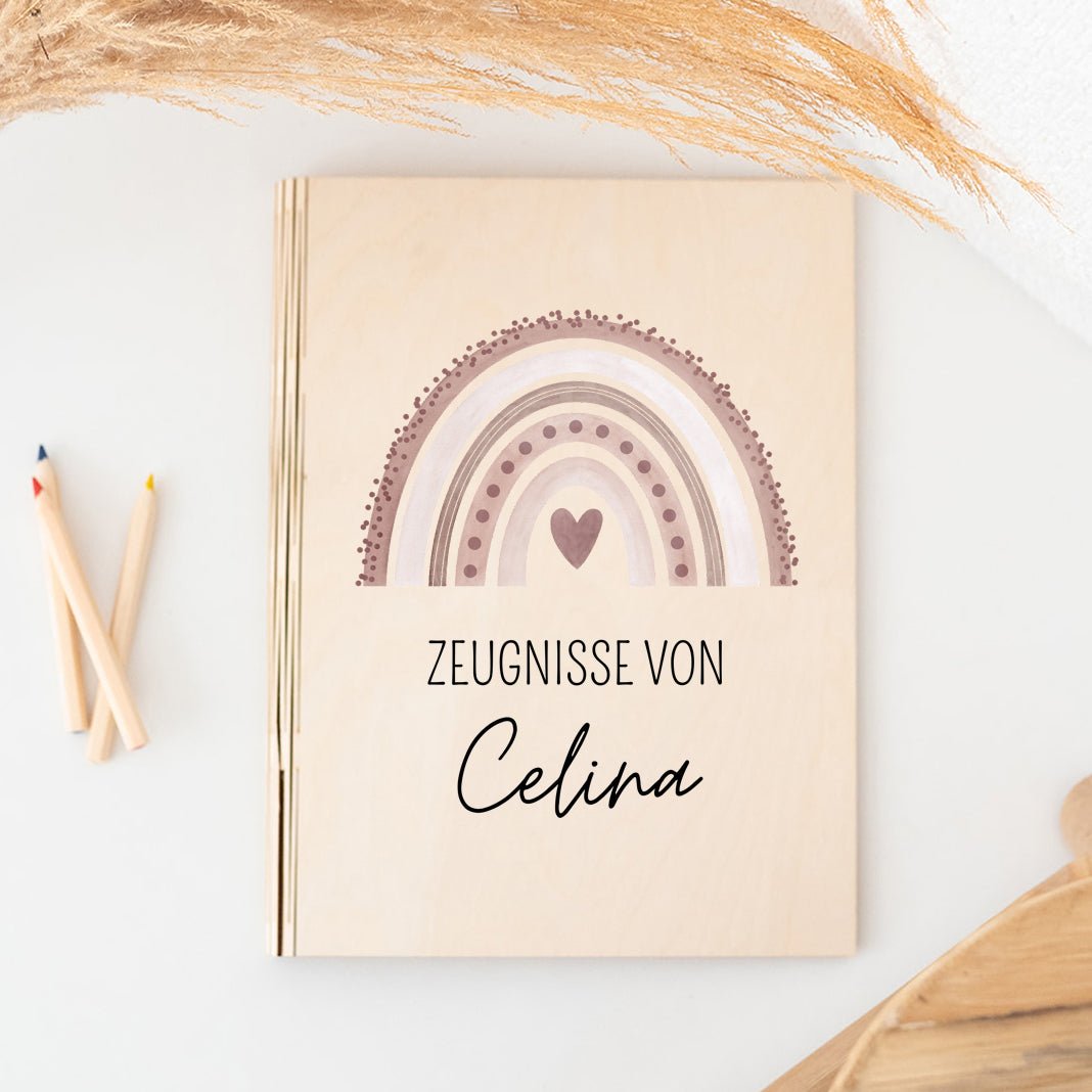 Zeugnismappe Holz personalisiert - Regenbogen Punkte Aquarell - wunderwunsch