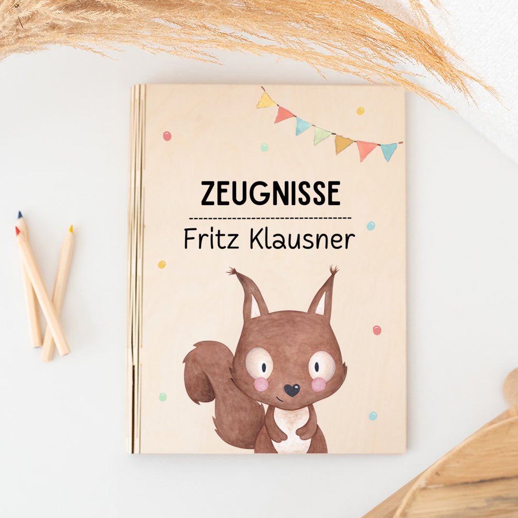 Zeugnismappe Holz personalisiert - Tier Girlande Aquarell - wunderwunsch