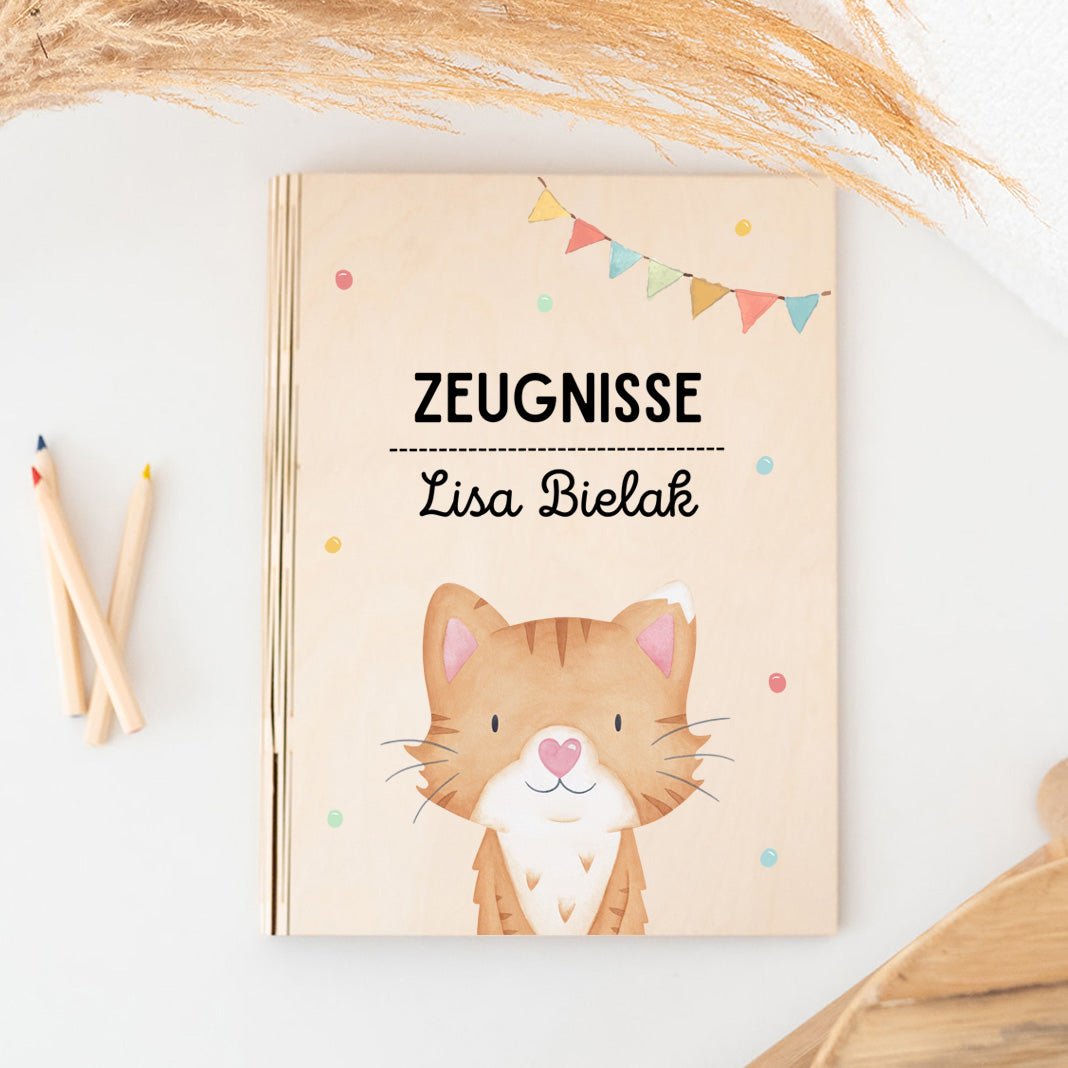 Zeugnismappe Holz personalisiert - Tier Girlande Aquarell - wunderwunsch