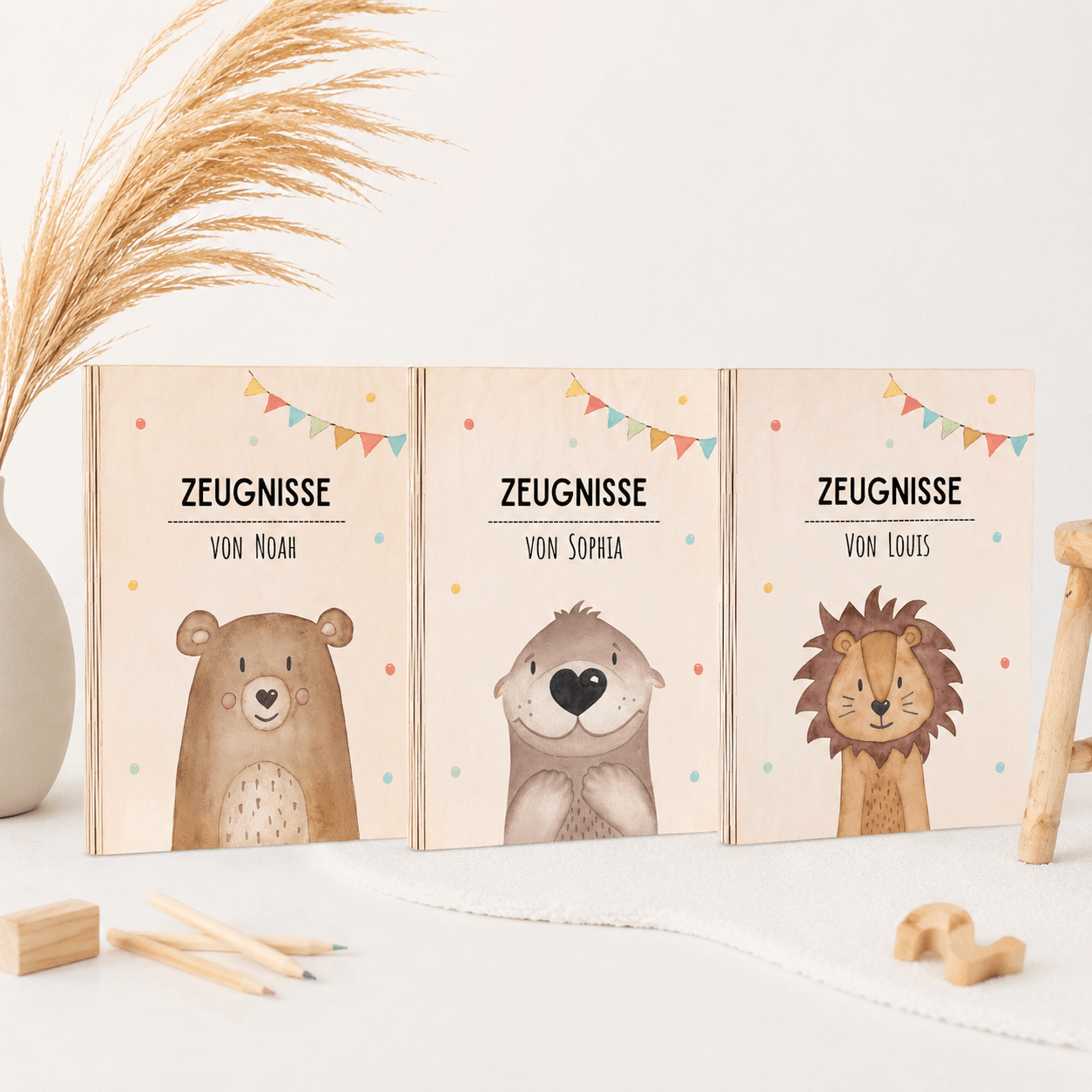 Zeugnismappe Holz personalisiert - Tier Girlande Aquarell - wunderwunsch
