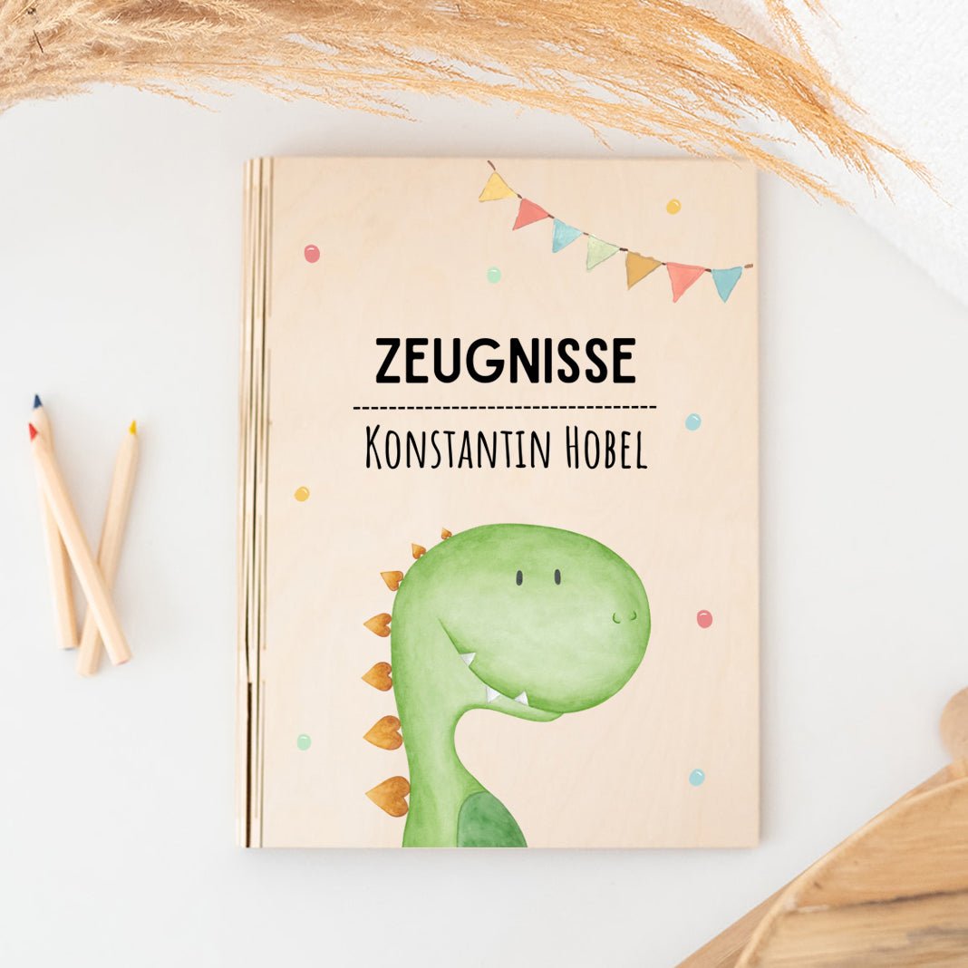 Zeugnismappe Holz personalisiert - Tier Girlande Aquarell - wunderwunsch