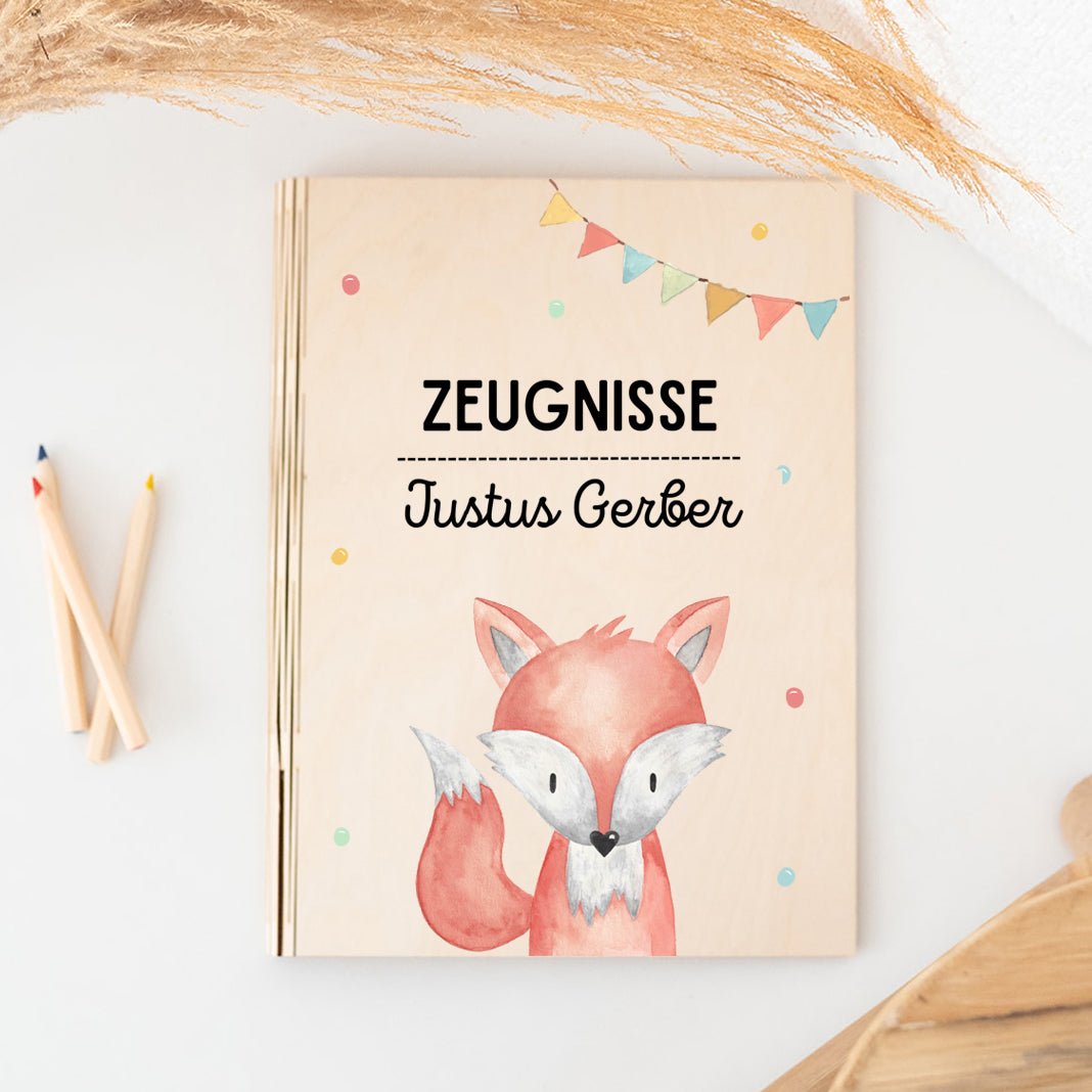 Zeugnismappe Holz personalisiert - Tier Girlande Aquarell - wunderwunsch