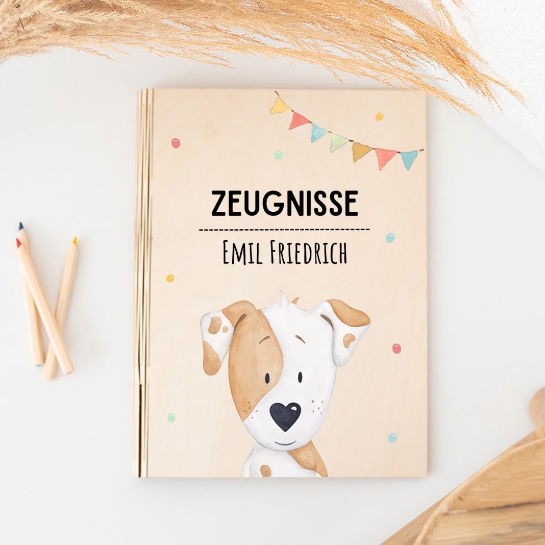 Zeugnismappe Holz personalisiert - Tier Girlande Aquarell - wunderwunsch