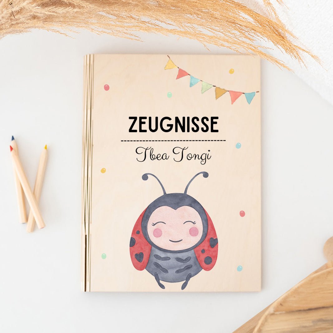 Zeugnismappe Holz personalisiert - Tier Girlande Aquarell - wunderwunsch