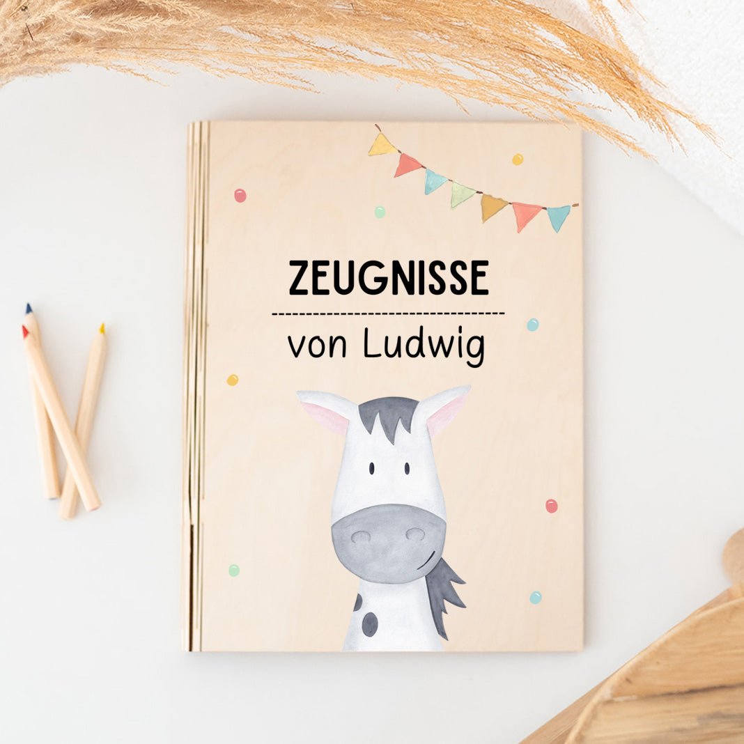 Zeugnismappe Holz personalisiert - Tier Girlande Aquarell - wunderwunsch