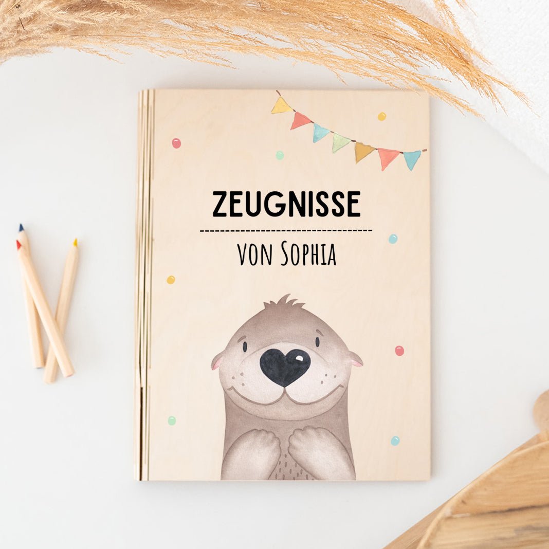 Zeugnismappe Holz personalisiert - Tier Girlande Aquarell - wunderwunsch