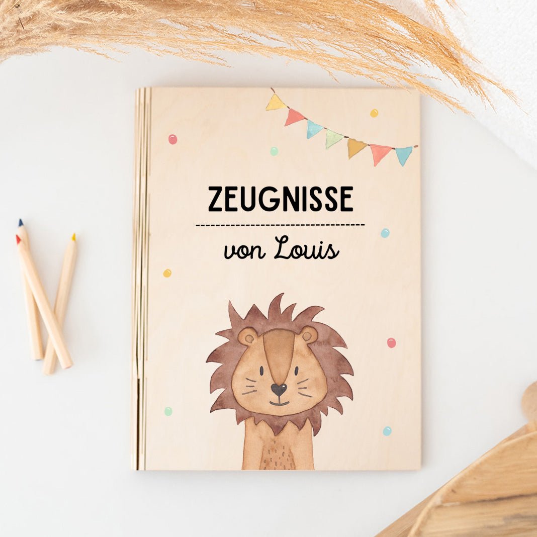 Zeugnismappe Holz personalisiert - Tier Girlande Aquarell - wunderwunsch